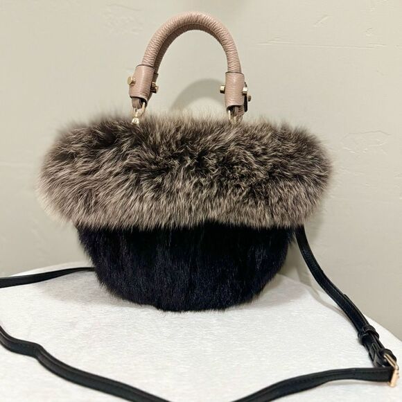 Colorblock Handmade Real Mink Fur & Fox Fur Removable leather Handles Bag - Picture 7 of 14